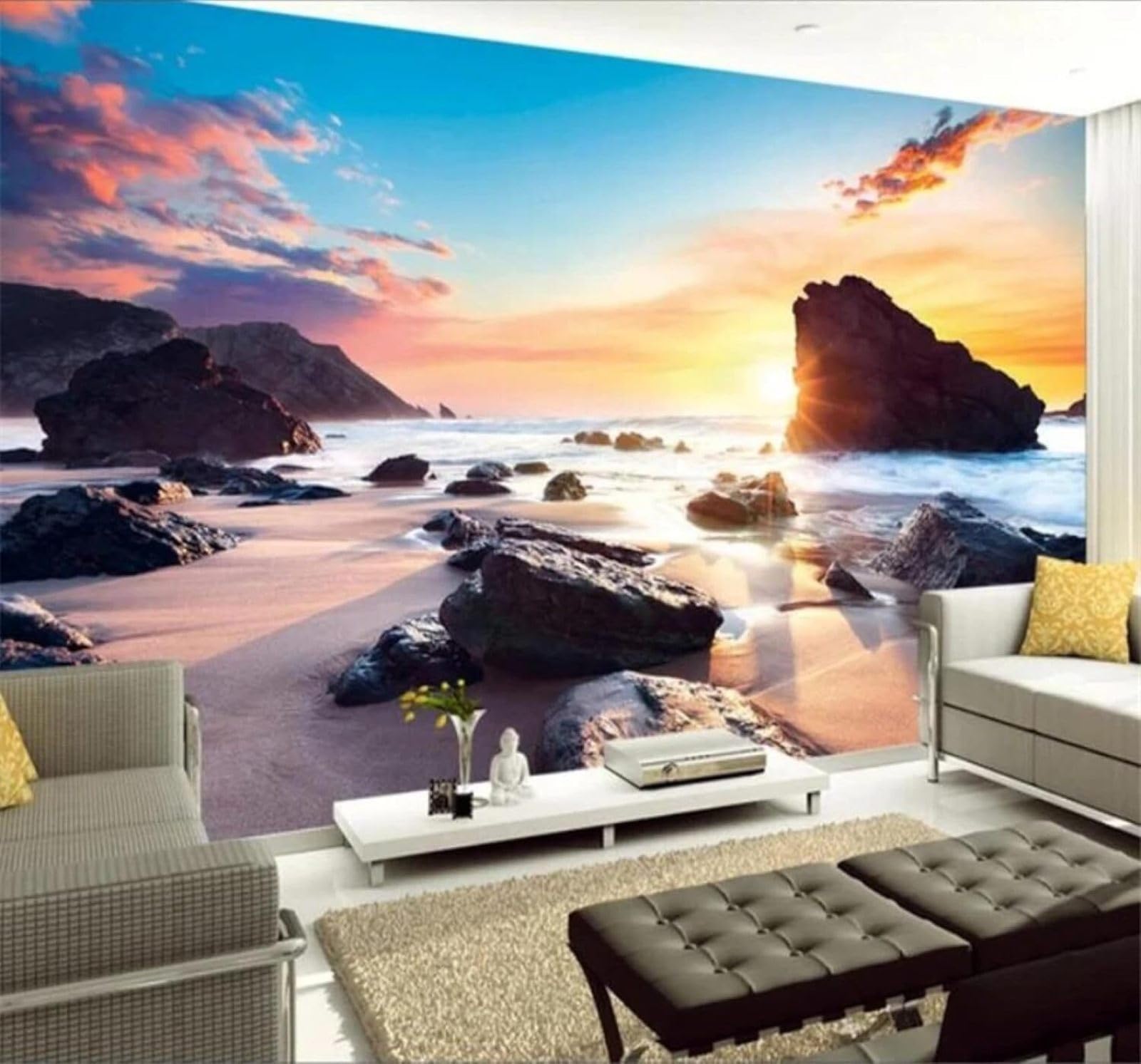 Tzxztt Beautiful Seascape Sunshine Beach Rocks Modern 3D Wallpaper Premium Textured Silk Neutral Tones Material Ideal for Living Room Bedroom-300cm×210cm
