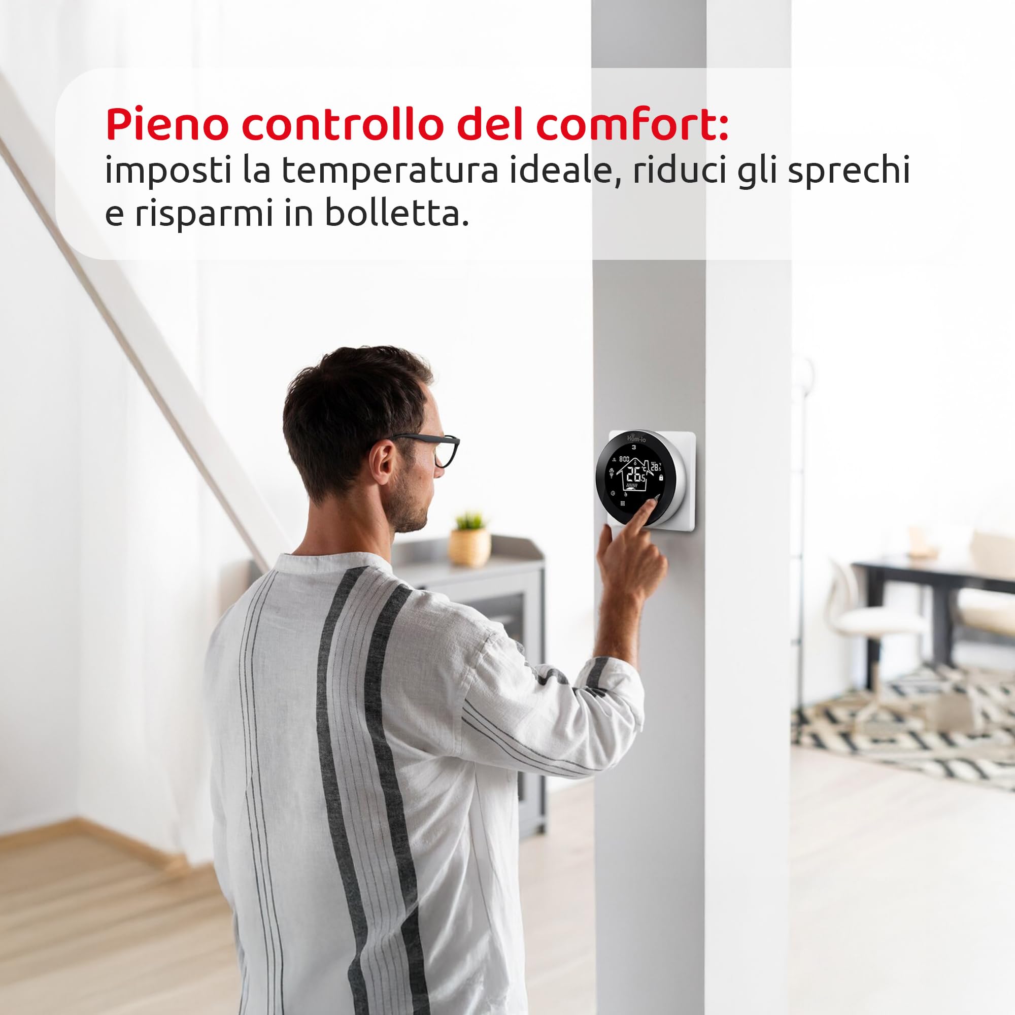 Hom-Io | Cronotermostato Smart Wi-Fi PLUS per Caldaia e Boiler a Gas, Termostato Digitale, Imposta e Gestisci La Temperatura, Programmazione Settimanale, Display LCD Touch