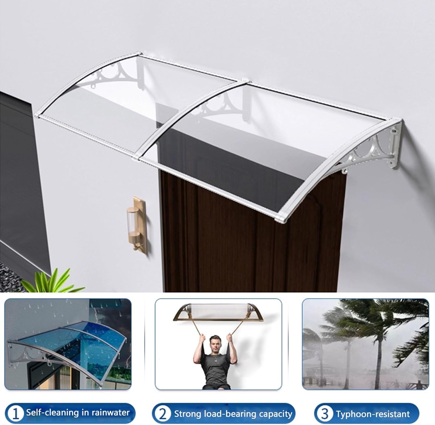 Polycarbonate Window Door Awning Canopy for UV, Rain, Snow Protection - Aluminum Bracket, Perfect for Porch, Patio, Deck - 60x100cm/23x39in