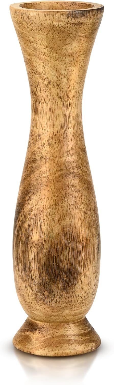 AeraVida 12-Inch Tall Curvy Bottle Mango Wood Vase | Handmade Natural Brown Wooden Flower Vase for Tabletop, Shelf, or Entryway | Rustic Farmhouse Decor Accent