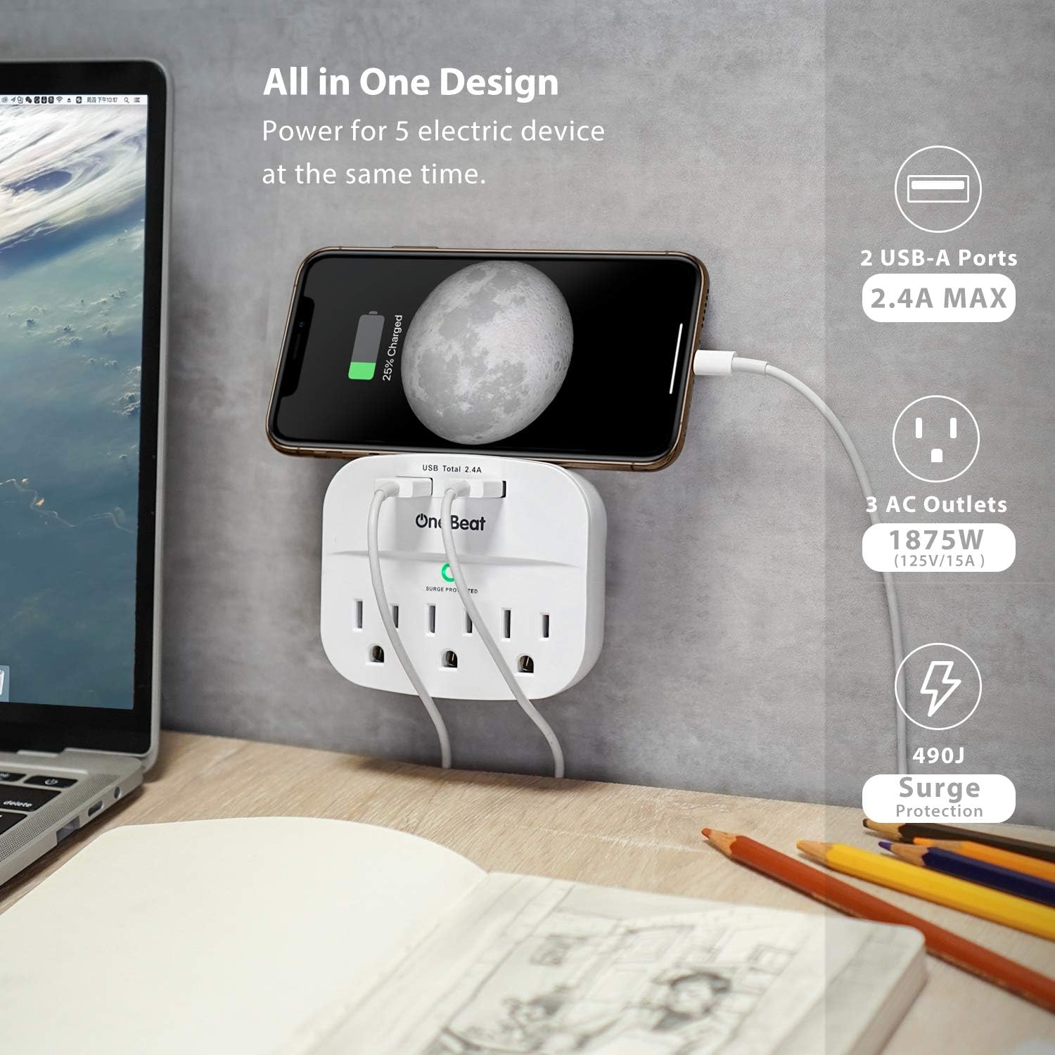 2 Pack 3-Outlet Surge Protector, Multi Plug Outlet Expander with 2 USB Wall Charger, Outlet Adapter with 490 Joules for Home, School, Office, ETL Listed : Tools & Home Improvement