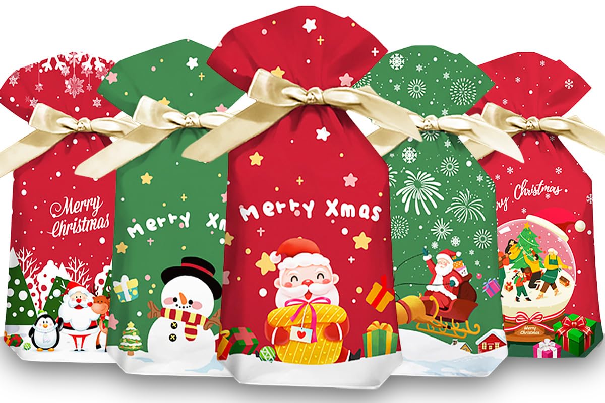 UPINLOOK50 PCS Christmas Drawstring Treat Bags Christmas Candy Goodies Bags for Holiday Xmas Gift Wrapping Party Favors