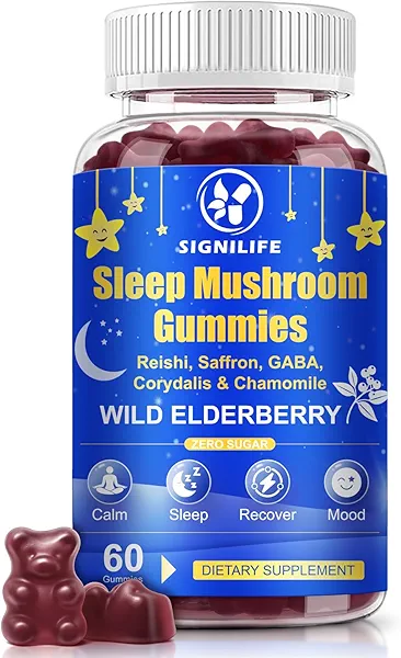 SIGNILIFE Sleep Mushroom Gummies with Reishi & Lions Mane -Natural Sleep Aid & Relaxation Supplement, Wild Elderberry Flavor, Non-GMO, No Sugar, 60 Count
