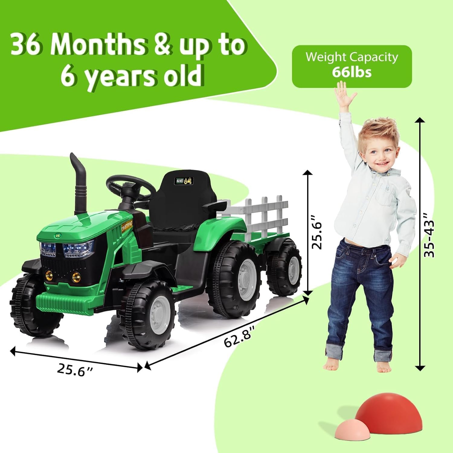 Elektrischer Traktor für Kinder, Grün, Traktor für Kinder, elektrisch, mit abnehmbarem Anhänger, Doppelmotor 35 W, 12 V, 7 Ah, Fernbedienung für Eltern, Musik, LED-Hupe, Traktor, Spielzeug