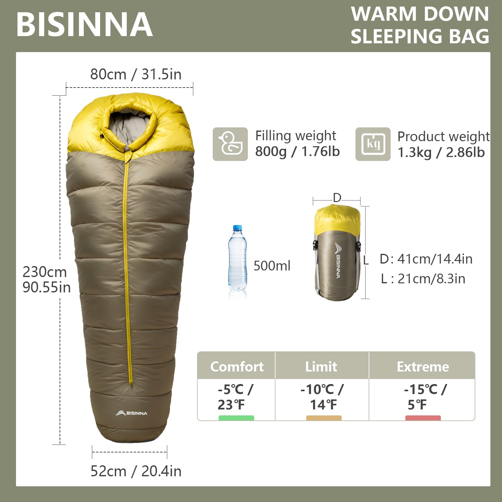 BISINNA Ultralekki śpiwór puchowy mumia, 0 stopni, zima, 600-1000 g, lekki, przenośny, do wędrówek, biwakowania, aktywności na świeżym powietrzu, wycieczek samochodowych