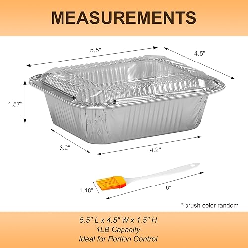 Miniatura 2 de Moretoes Paquete de 60 sartenes de aluminio con tapas, bandejas de aluminio de 5 x 4 pulgadas desechables de 1 libra, recipientes para llevar con
