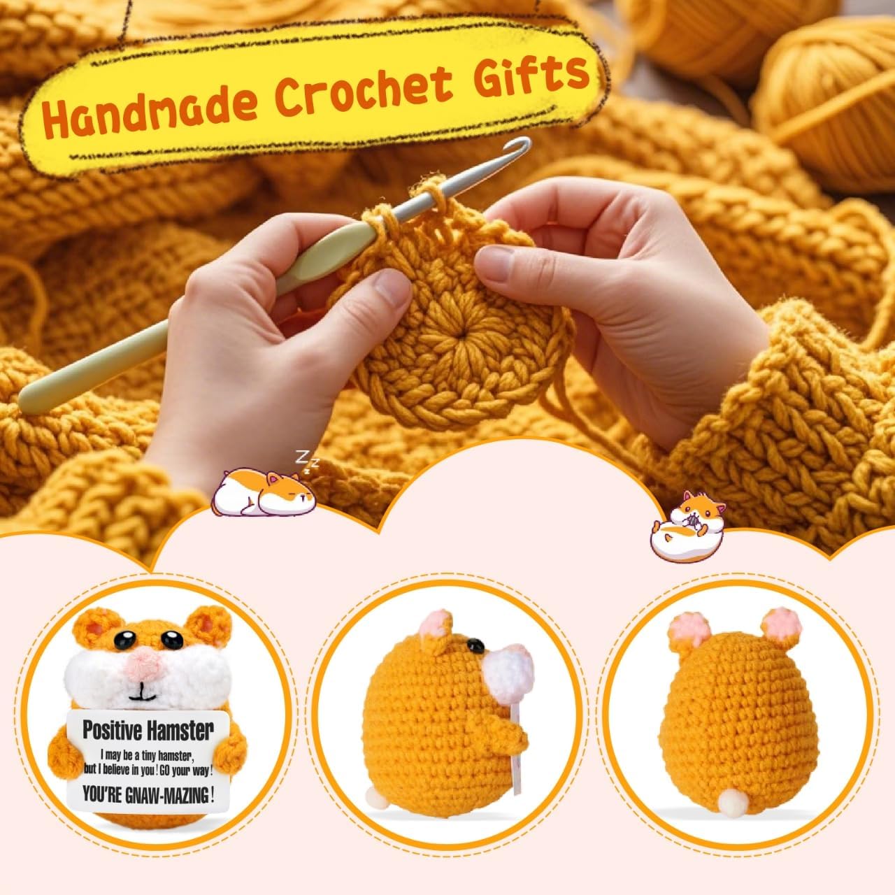 Positive Crochet Animals Handmade Hamster Plush Easter Basket Stuffers Essentials Funny Valentines Emotional Inspiration Support Gifts Birthday Gift for Teens Grils Boys Men Women Uplifting Gift