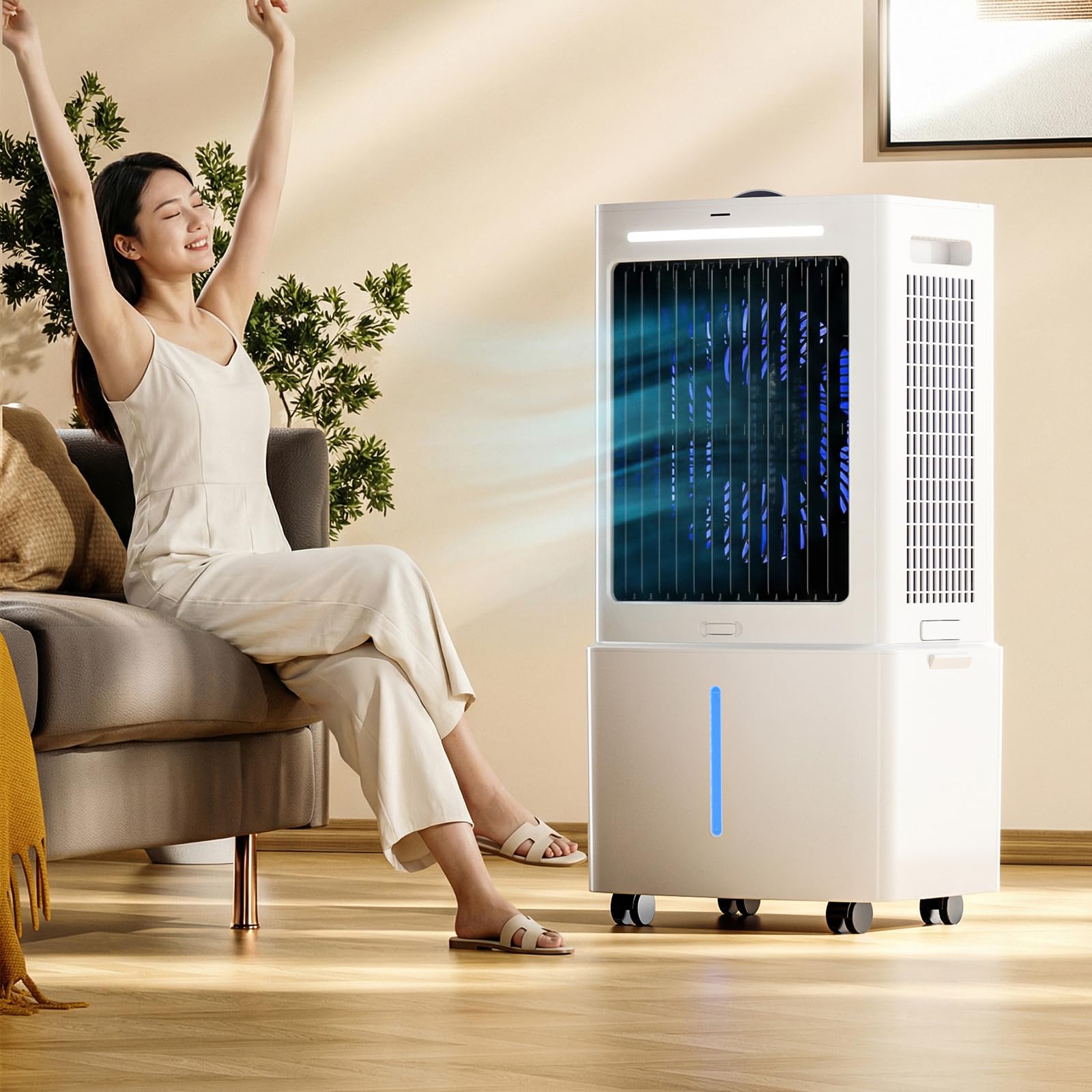 Climatizador Evaporativo Silencioso 25L Sin Tubo con Mando, Ventilador de Agua 24 Velocidades, 6 Bloques de Hielo, Temporizador 12H, Oscilación 90° para Habitación, Oficina, Garaje
