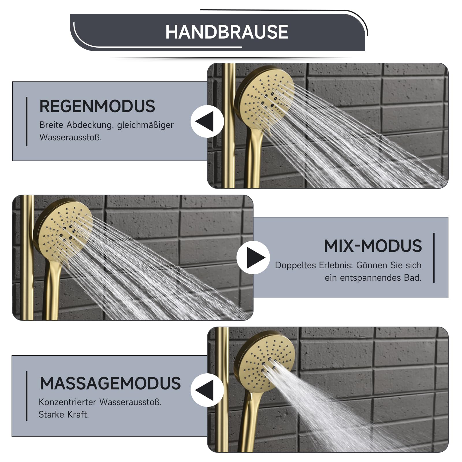 Duschsystem,3-in-1-Duschset Gebürstetes Gold,mit 260 mm runder Regenduschkopf,3 Modus Handbrause,und einem unteren Wasserauslass,360° Verstellbarer Regendusche Duschkopf,Multifunktionales Ablagefach