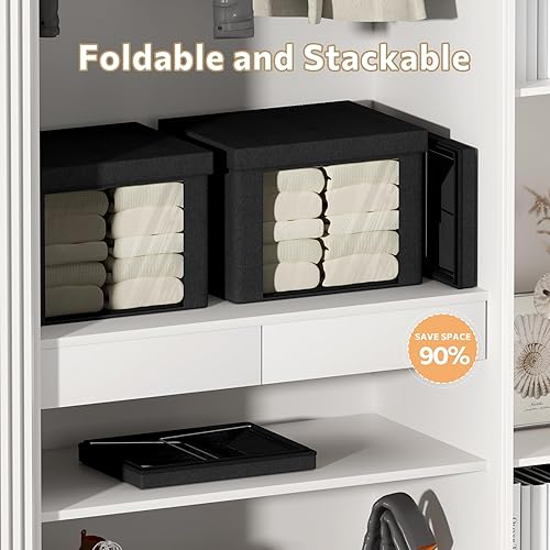 Miniatura 3 de Contenedores de almacenamiento de ropa con marco de metal plegable, juego organizador de tela de lino apilable de gran capacidad, asas de