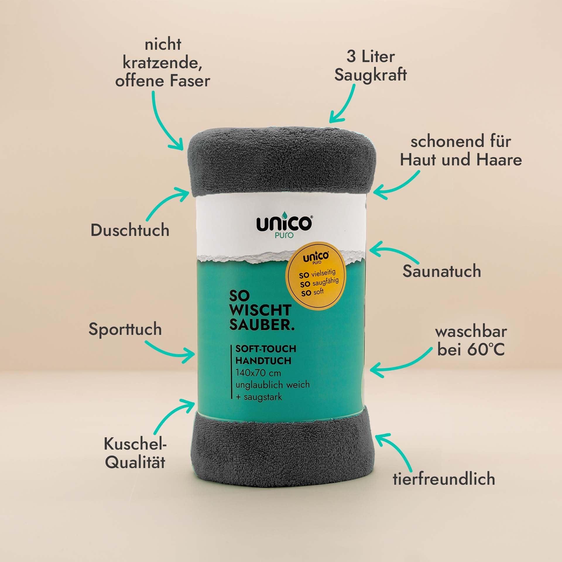 unicopuro® Soft Touch Microfaser Handtuch 140 × 70 cm anthrazit 4er Set – vielseitiges Multifunktionstuch mit 3 L Saugkraft – für Körper, Babyhaut, Haustiere & Bad – superweich & waschbar bei 60 °C