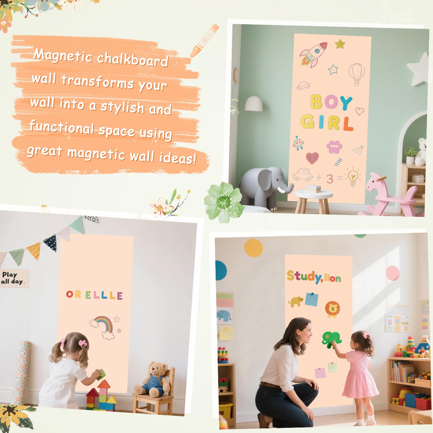 FUHSY Magnetischer Wandaufkleber, 120 x 45 cm, Milchtee-Farbe, magnetische Tafel, Spielwand mit bunten Kreiden, verschiedene Accessoires für Zuhause, Spielzimmer und Klassenzimmer