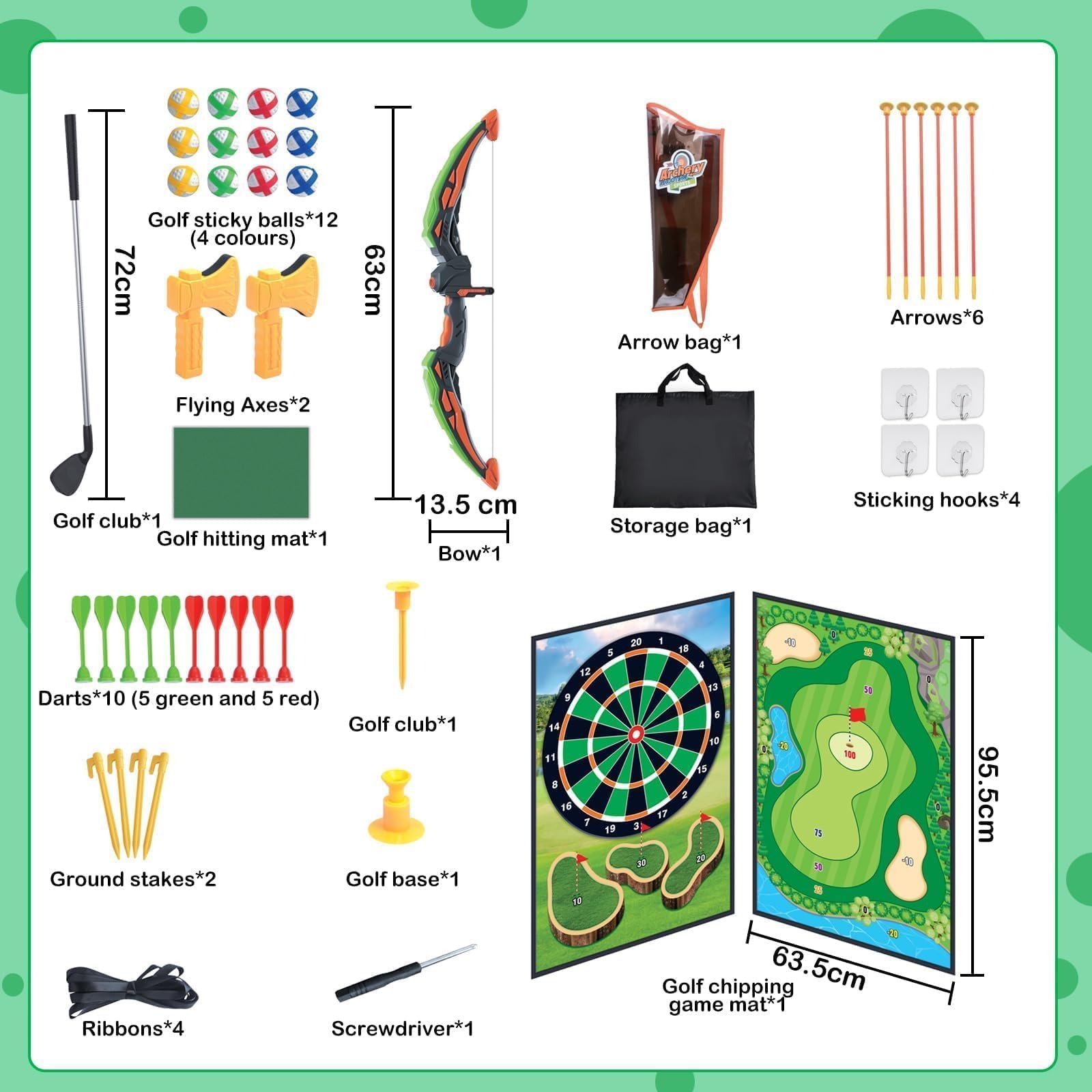 Bambini Arco e frecce e Mini Golf 2 in 1 Set di Giocattoli con 6 frecce e 12 Palle da Golf, Regalo per Ragazzi e Ragazze da 3 a 12 Anni, Giochi interattivi per la Famiglia all'aperto