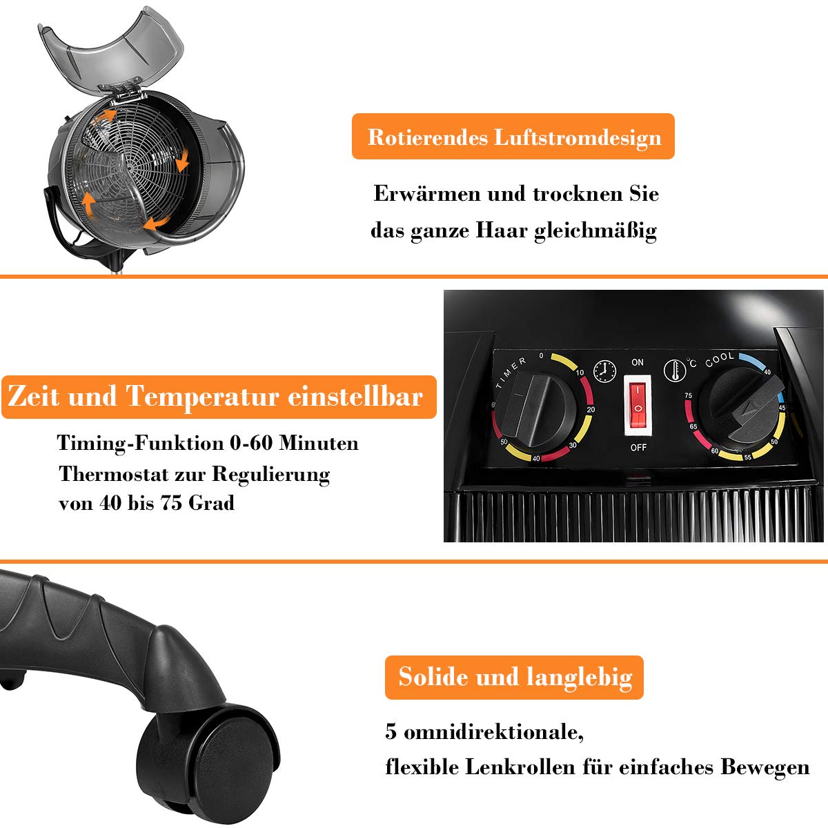 COSTWAY Profesjonalna suszarka do włosów, fryzjer, suszarka do włosów z podstawką 1050 W / 40-75℃ / 60 min. programator sterujący, regulacja wysokości 125-160 cm