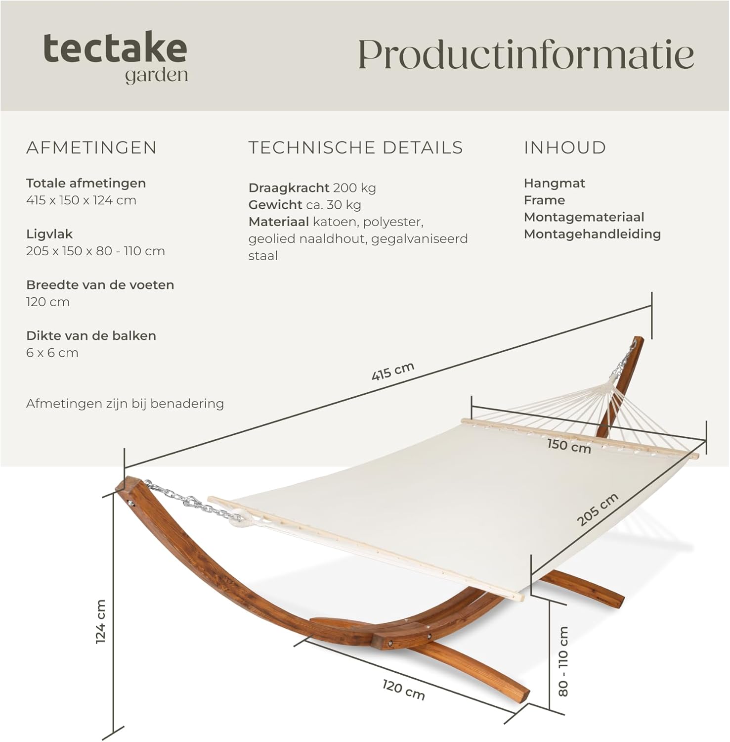 Diagram showing the dimensions and technical details of the tectake XXL Double Hammock and stand.
