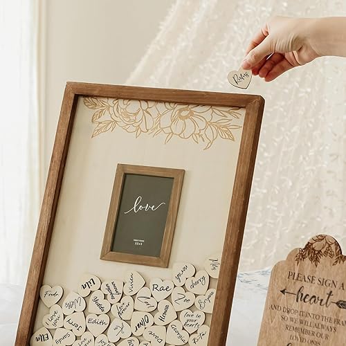 Miniatura 3 de NIKKY HOME Libro de invitados de boda alternativo con 60 corazones de madera, marco de fotos de 3.5 x 5 pulgadas, decoración rústica de boda para