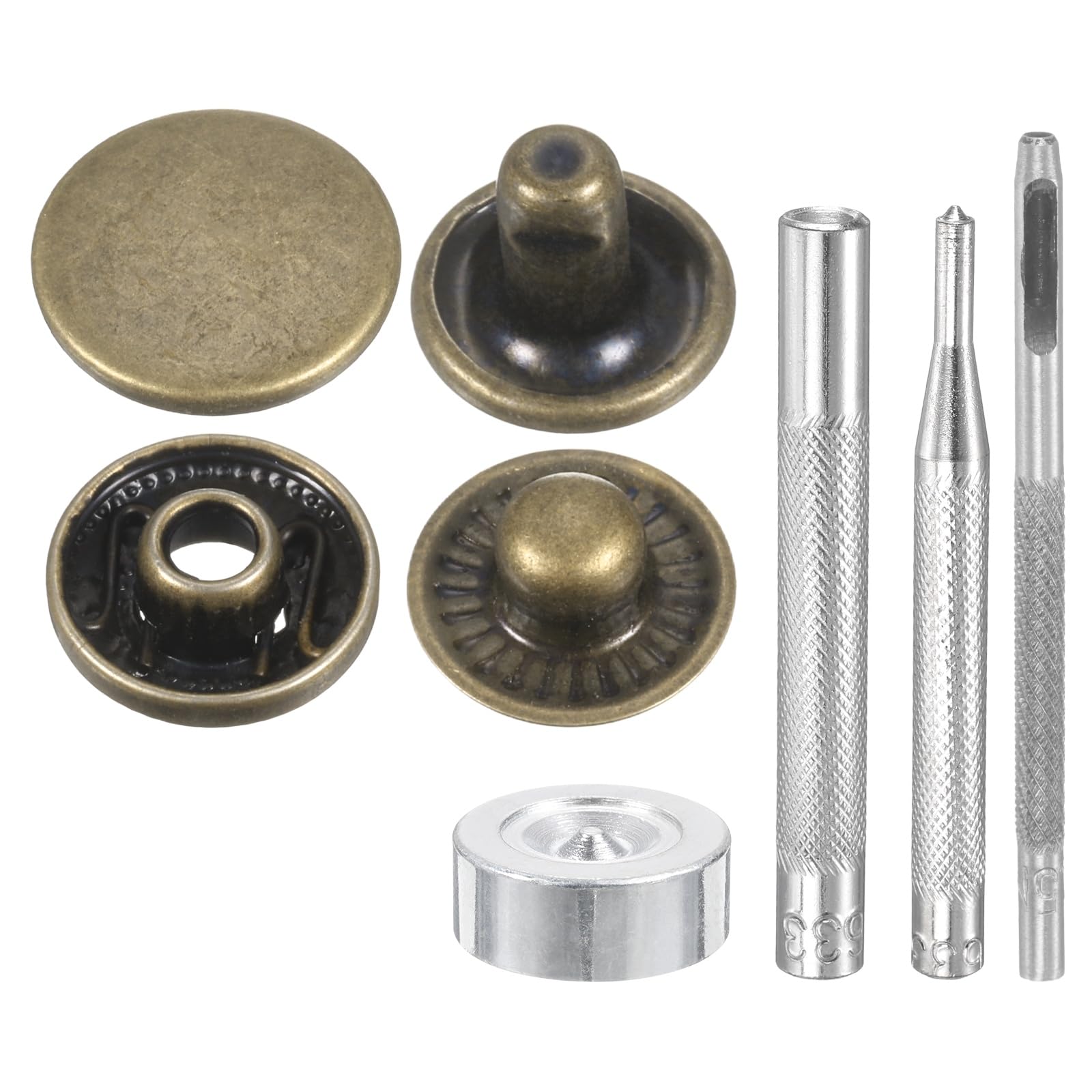 sourcing map 24Set Leather Snaps Fasteners Kit 15mm Dia Brass Press-Stud Cap Button 2.72" Length Metal Snap Buttons with 4 Install Tools for Coat Bag Leather Marine Boat Canvas, Bronze