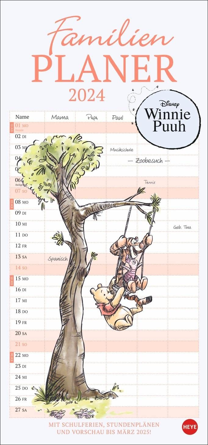 Winnie Puuh Familienplaner 2024. Terminkalender mit Abenteuern von Winnie Puuh und seinen Freunden. Praktischer Wandkalender mit 5 Spalten. Liebvoll illustrierter Wandplaner.