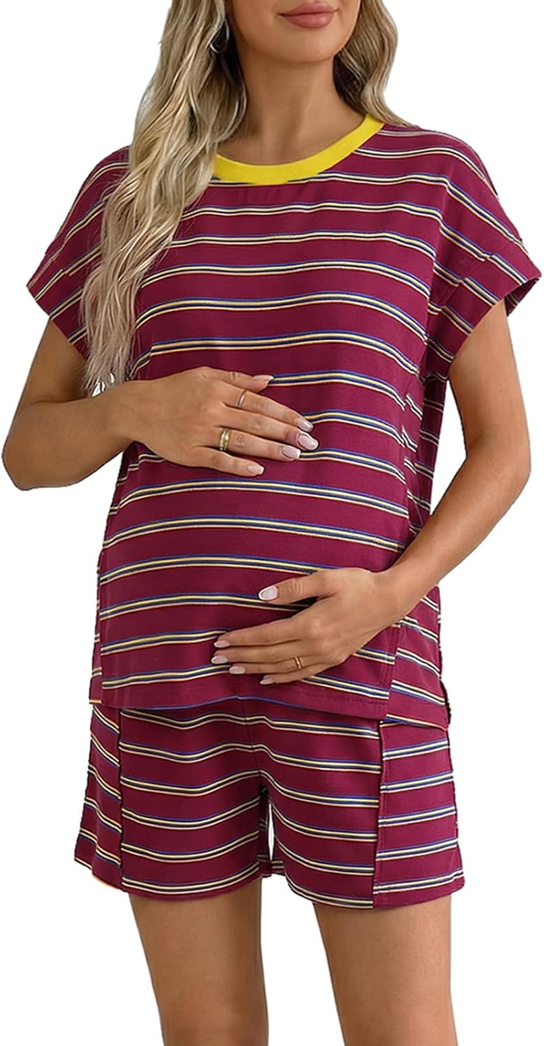 BLENCOT Women's Maternity Two Piece Lounge Set Textured Striped Tee Top and Shorts Pregnancy Summer Outfits