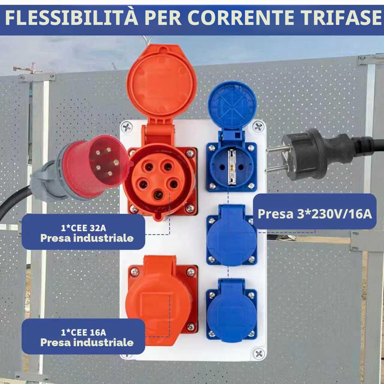 Quadro elettrico con scatola portafusibili a parete, presa CEE per corrente forte 16 A & 32 A, IP44 protetto dall'acqua, presa industriale per cantiere, officina e giardino, quadro elettrico a parete