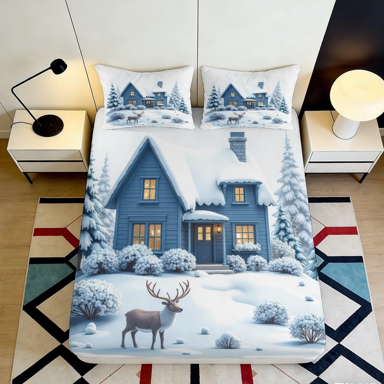 Pnayamiorkfel Style-8 3D Printed Winter Cottage Fitted Sheet Microfiber Soft Snowy Forest Bed Cover For Bedroom Guest Room Decor 90X200x25cm