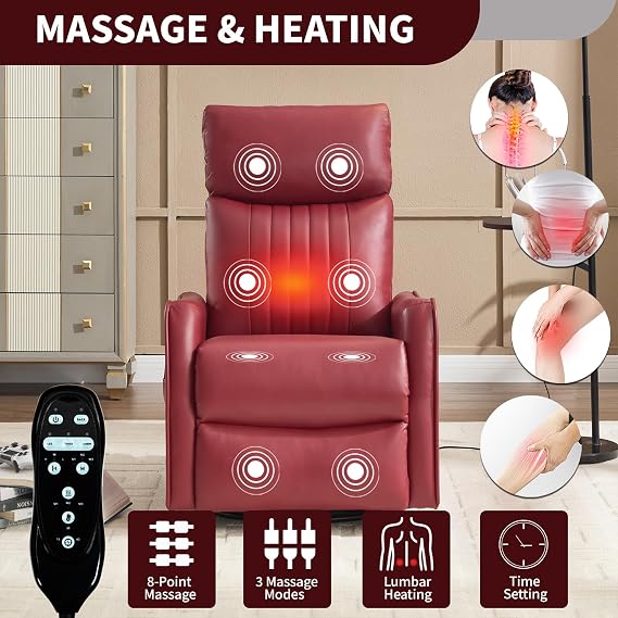 Gliding Recliner Chair with Massage & Heat, Swivel Rocking Chair Recliner with High Back, Small Recliner Chair for Small Spaces, Manual Lazy Boy Recliners for Adults (PU Leather, Red)