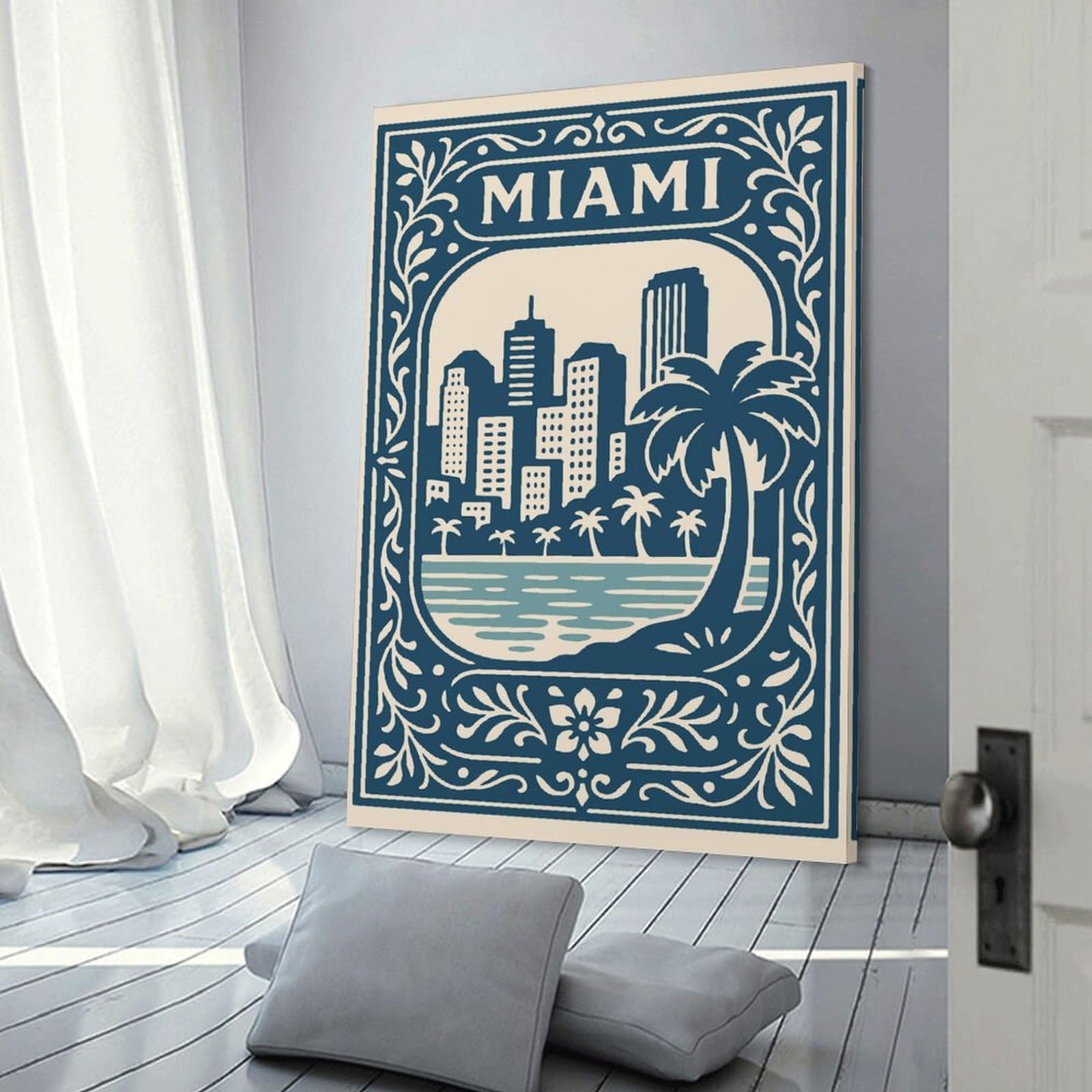 Junmoney Miami Cityscape Decorative Illustration Wall Art Print, 08x12inch(20x30cm), for Office, Study Or Home Workspace, Decorative Artwork for Productive Spaces