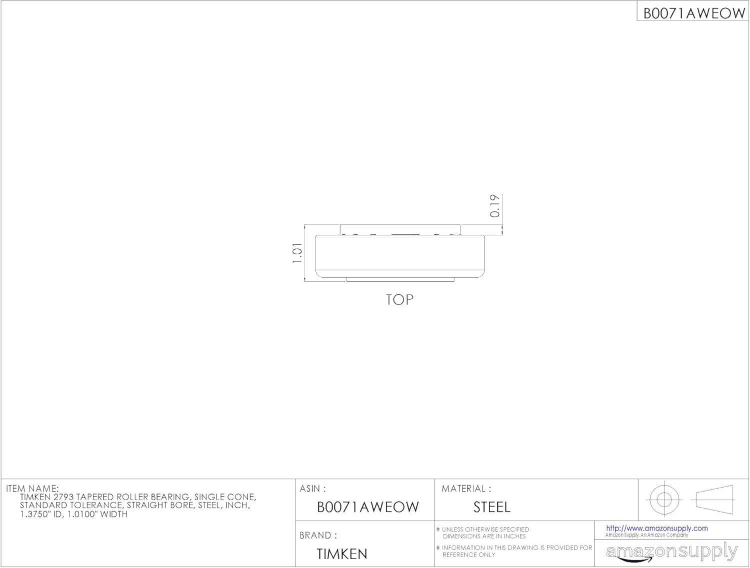 Timken 2793 Tapered Roller Bearing, Single Cone, Standard Tolerance, Straight Bore, Steel, Inch, 1.3750" ID, 1.0100" Width