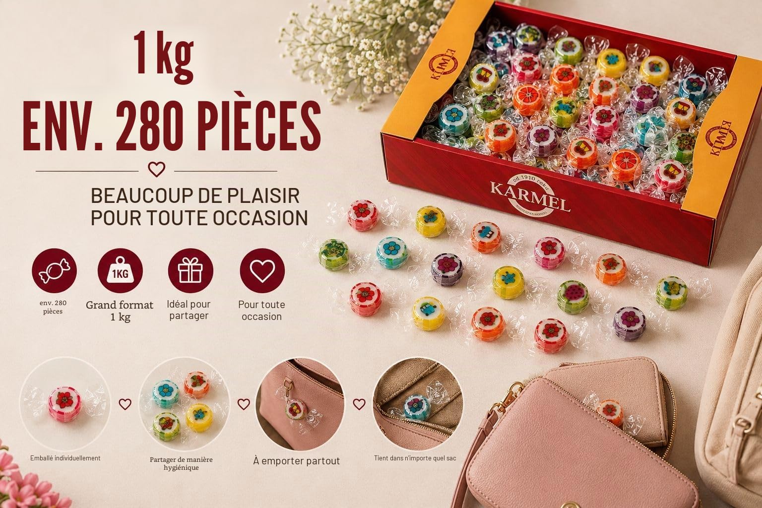 Bonbons fruités 1kg, bonbons durs aromatisés, fabriqués à la main dans des designs uniques, grande boîte de bonbons d'un petit producteur familial