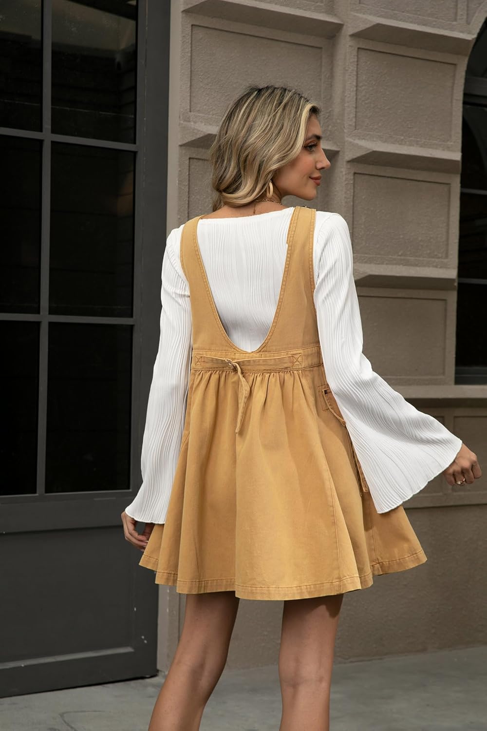 utcoco Women's Casual Sleeveless Denim Dress Adjustable Strap Ruffle Swing A-Line Overall Mini Dress - Image 3