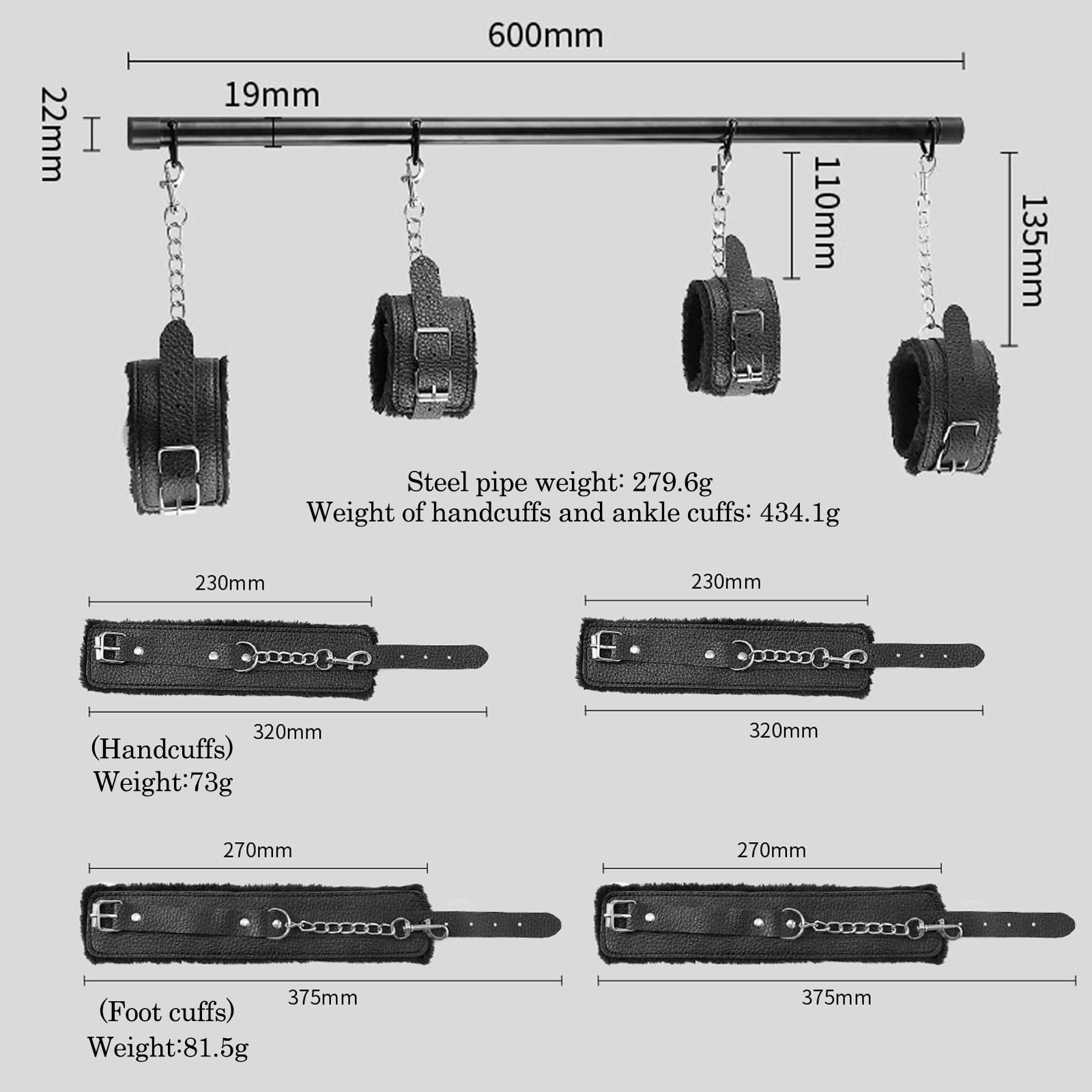 Kit Barre D'écartement Sexuel avec Menottes pour Poignets et Chevilles,Set Accessoires Hard,Bondage Jeux Sexuelle Adulte Couple,Jouet Sexualité Couple (Noir)