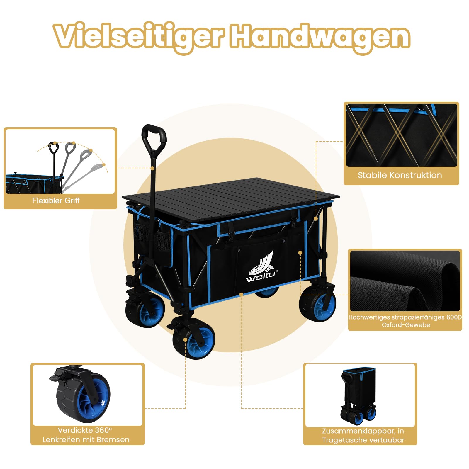 WOLTU Chariot de Jardin à roulettes, Chariot Pliable avec Plateau Amovible, Capacité 120kg, en Tissu Oxford+Acier, Noir+Blue