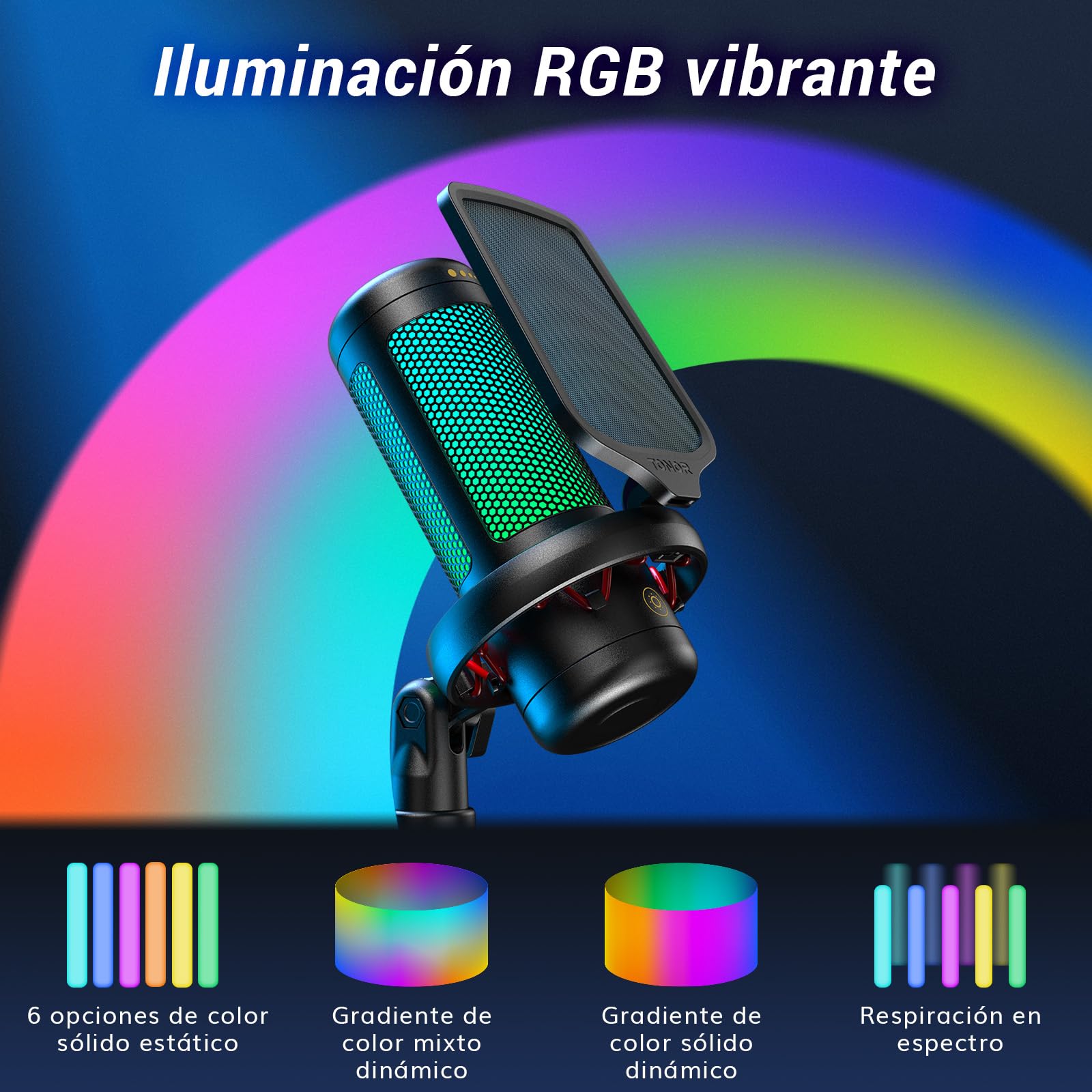 TONOR Microfono Gaming USB para PC PS4/5, Micrófono Condensador Cardioide con Brazo para Podcast, Streaming, Studio, Ordenador, Mic RGB con Ajustable Modos y Brillo, Silencio Rápido, TC310+