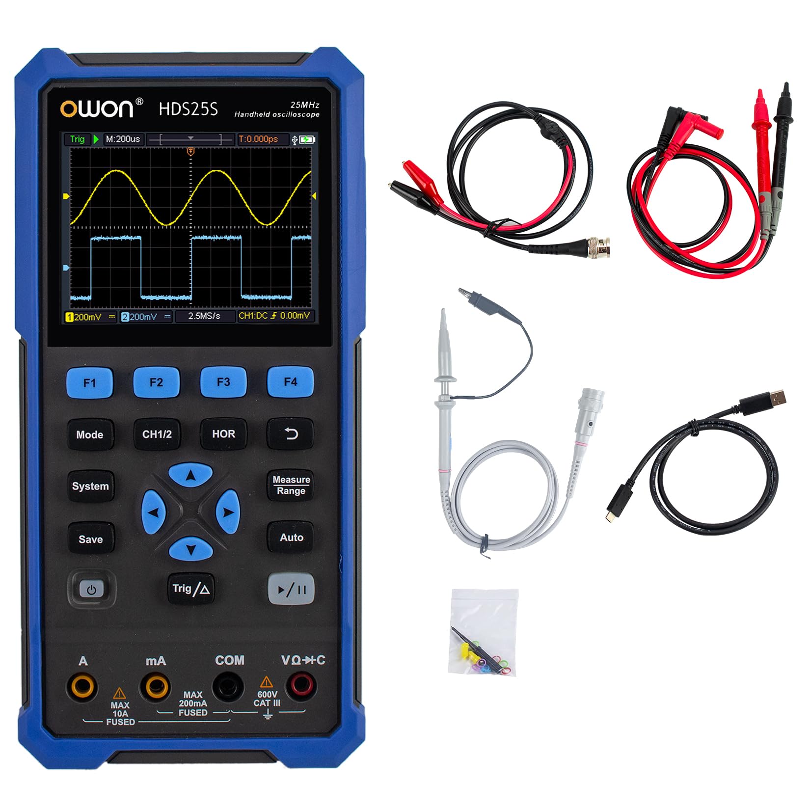 OWON HDS25S 3 in1 Hand Digitaloszilloskop, 25 MHz Bandbreite, 2 Kanal Digitaloszilloskop mit 1 Kanal Wellenformgenerator, 20000 Zähl Multimeter, mit USB Typ C und 3,5 Zoll LCD Display