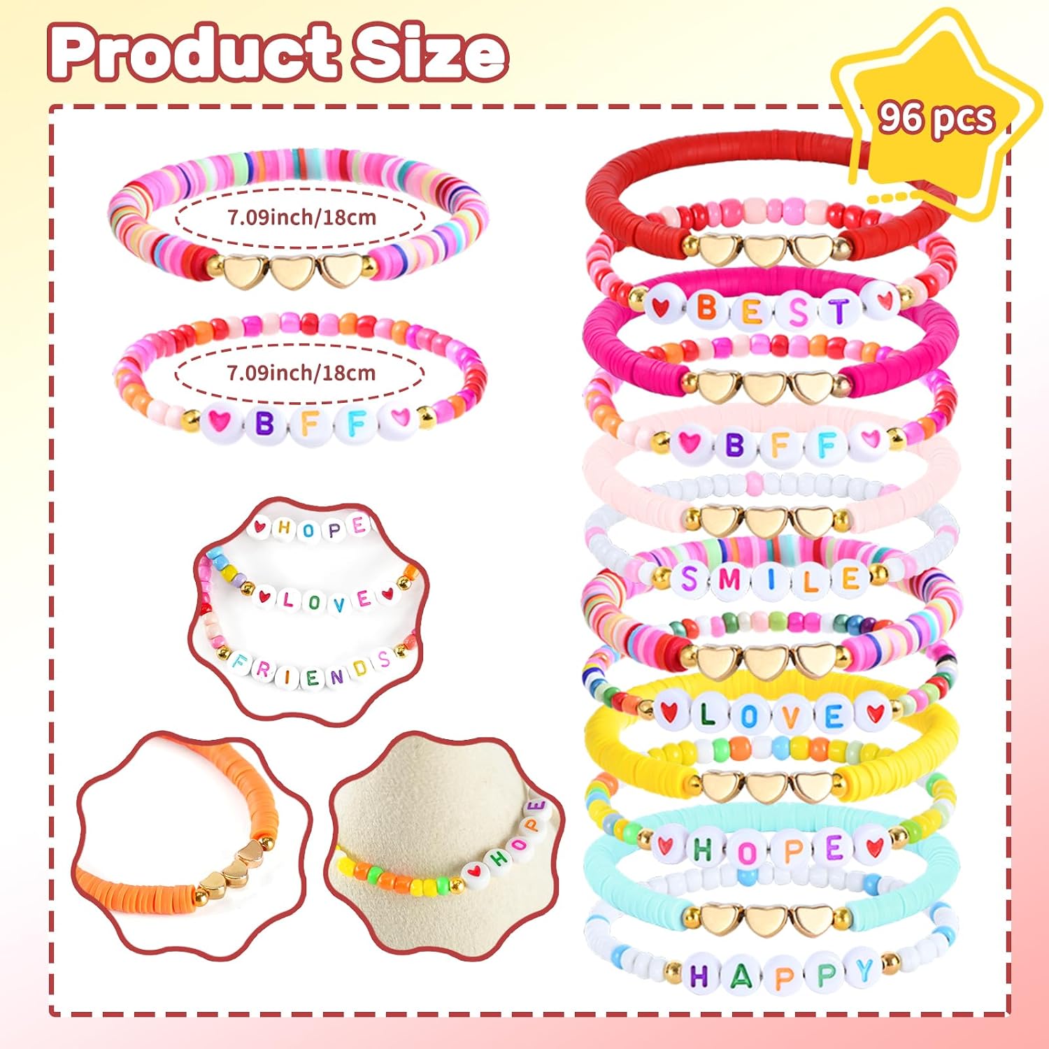 96 Pcs Friendship Bracelets Bulk, Colorful Clay Bead Heart Charm Bracelets image 2