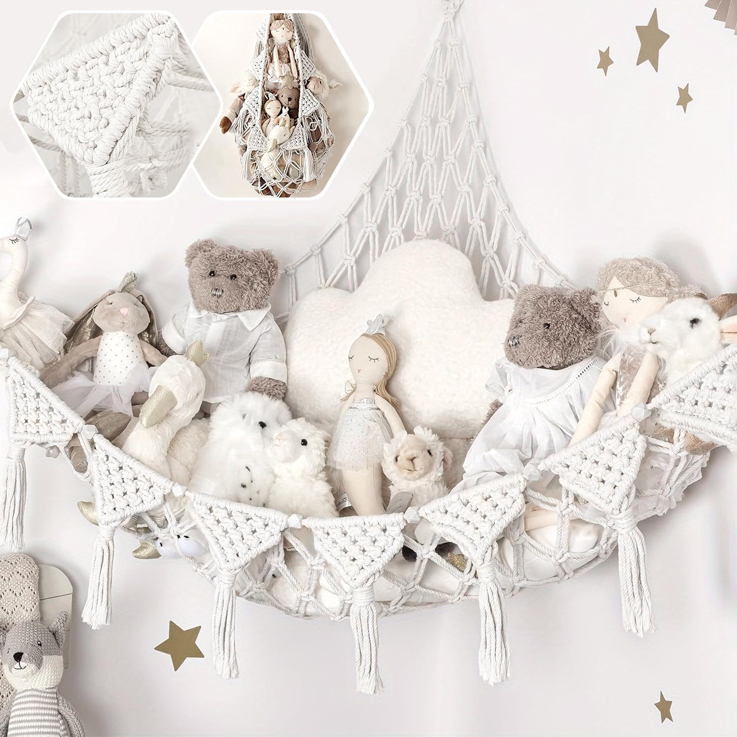 Kuscheltier Hängematte Mit LED - Makramee Aufbewahrungsnetz Rosa