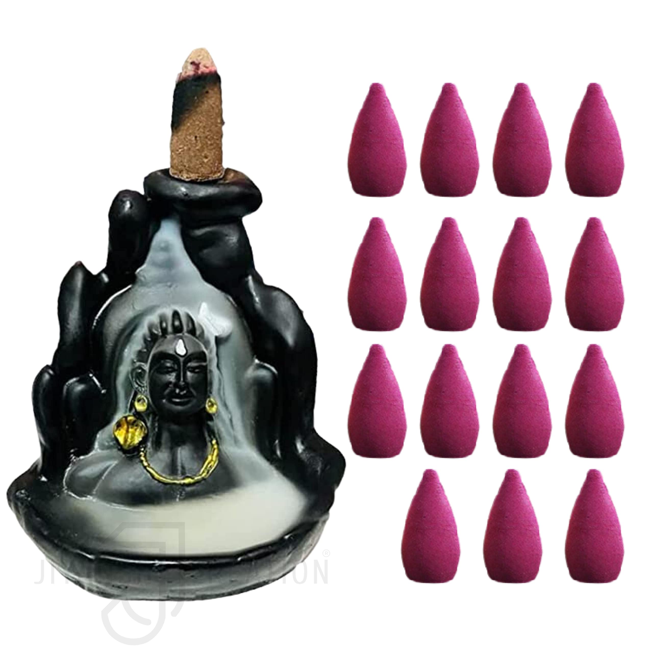 Jiyansh Creation Combo Pack of Lord Shiva Adiyogi Backflow Fountain Smoke Incense Holder with 15 Units of Fragrance Incense Cones (10 Cm, Black, Polyresin), Conical