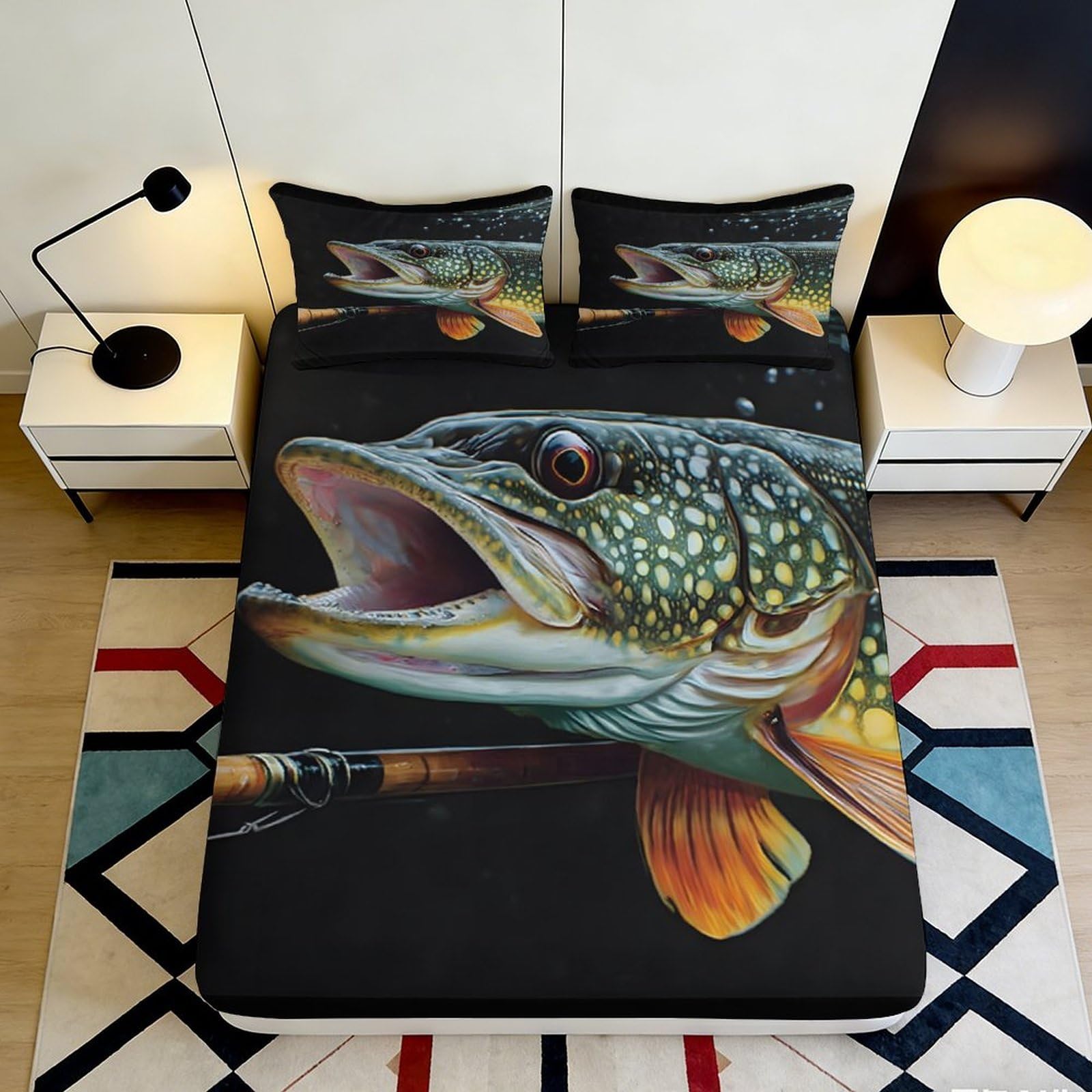 3D Printed Lifelike Pike Fish Fitted Sheet Microfiber Soft Breathable Fishing Rod Bed Cover for Bedroom Dorm Decor 90x200x25cm
