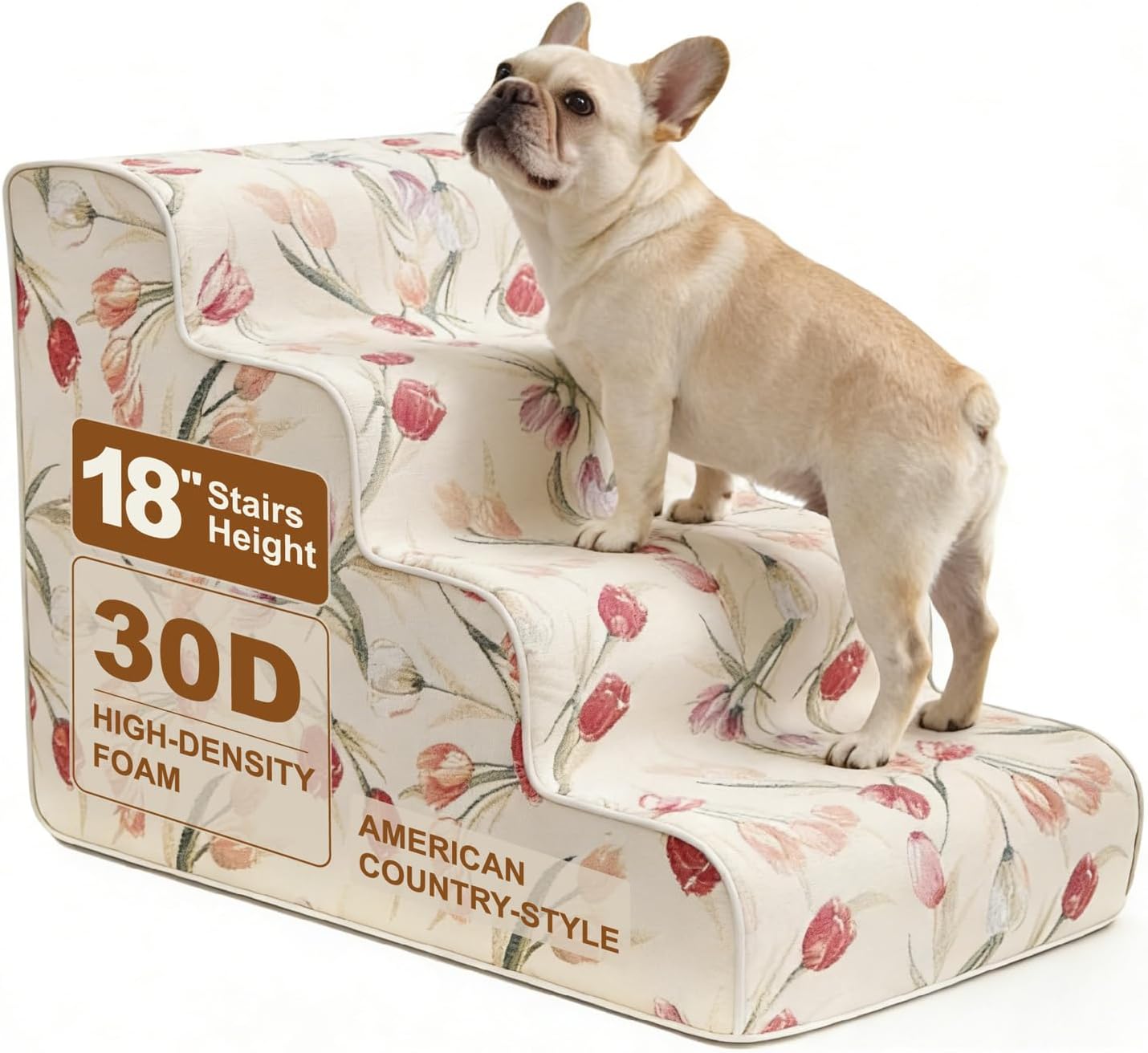 Dog Stairs for Bed & Couch 18" H, 4-Step Longer Dog Steps for Bed with 30D Foam, Country Style Pet Stairs for Small Dogs and Older Cats, Beige