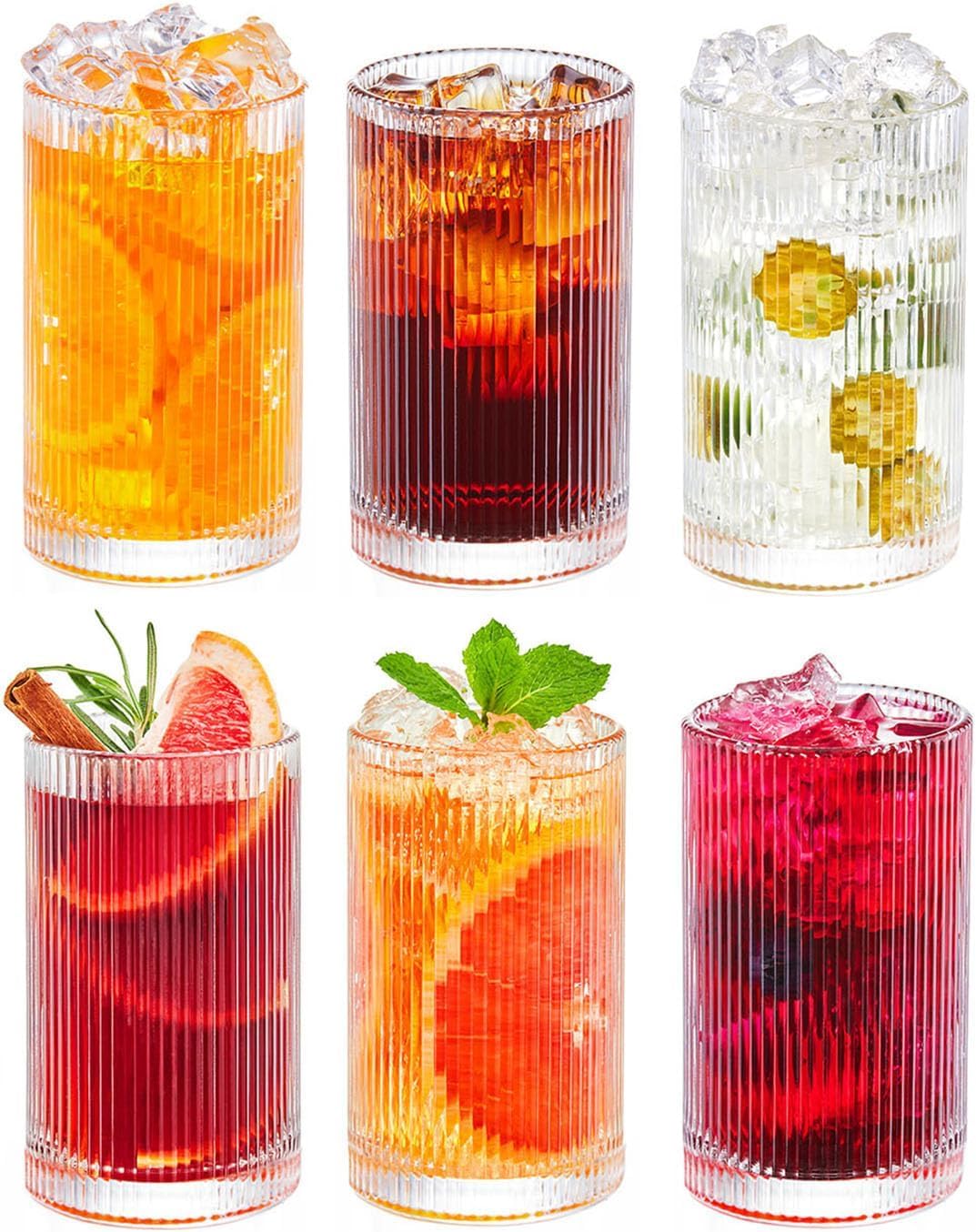 Highball Ribbed Glasses Set of 6 15 oz - Classic Vintage Drinking Glassware for Cocktails Beer and Juice