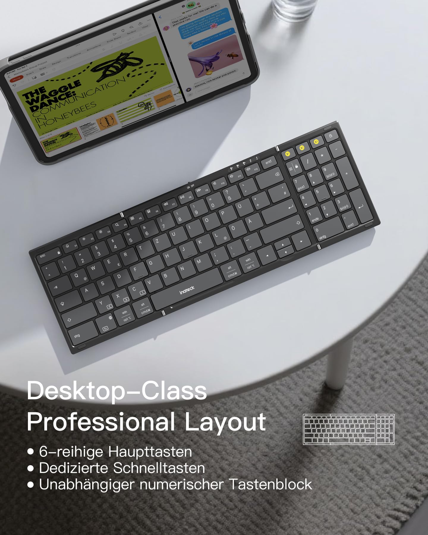 Inateck Faltbare Bluetooth 5.3 tragbare Tastatur und Tri-Mode-Maus-Set mit Numpad, verstellbarem Ständer, Tragetasche, kompatibel mit Tablets, Handys, Laptops, PCs (Windows/iOS/Android)