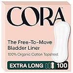 Cora Organic Bladder Liners | Ultra Thin Incontinence & Postpartum Pads for Women | Panty Liners for Bladder Leaks | Breathable Cotton (100 Extra Long)