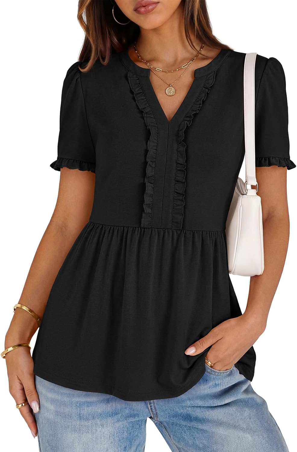 MEROKEETY Women's Summer Peplum Tunic Blouse 2026 Babydoll Tops Ruffle Short Sleeve V Neck Casual Loose T Shirts