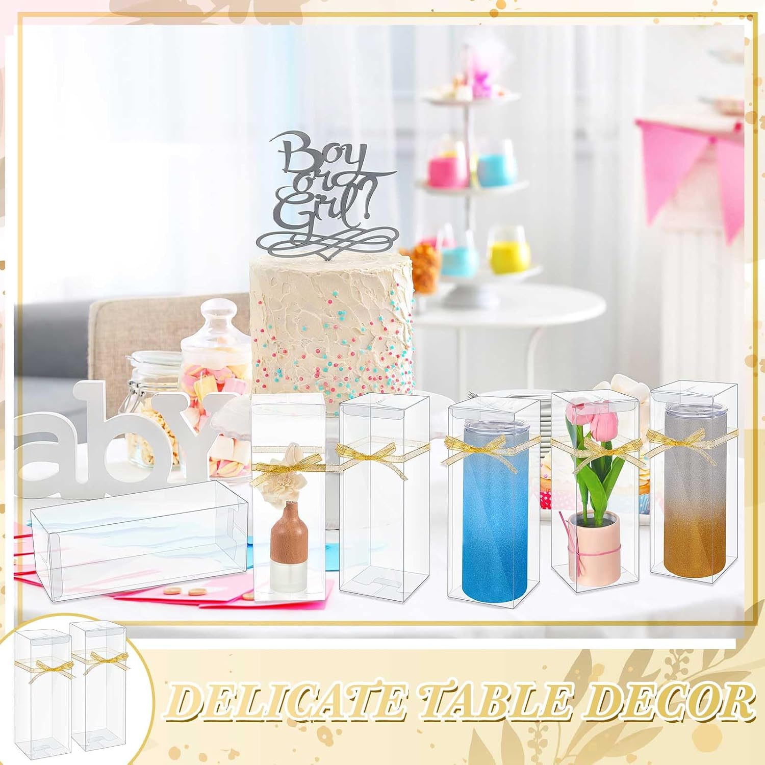 Beeveer 50 Pcs Mug Gift Boxes Clear Tumblers Packaging Box with Ribbon for Sublimation Tumblers Compatible with 11oz 12oz 15oz 20oz 30oz 40oz(3.3 x 3.3 x 9.8 Inch)