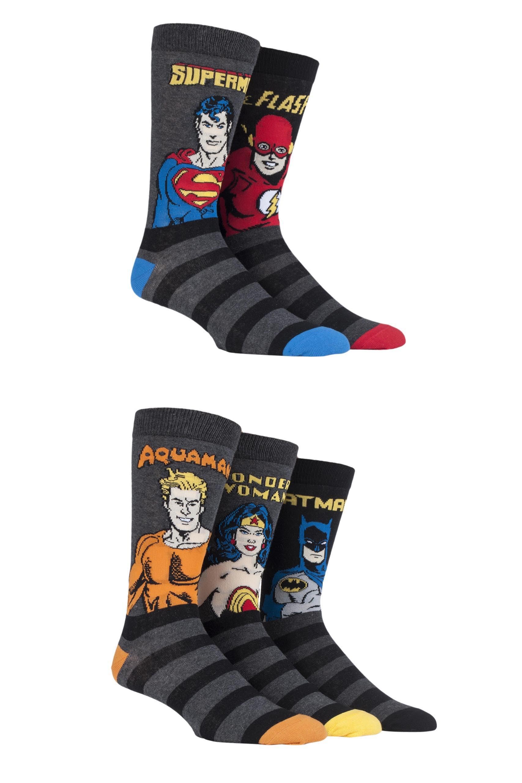 SockShop Mens Justice League Superhero Socks Aquaman, Flash, Superman, Batman and Wonder Woman 5 Pairs (11-13, Assorted)
