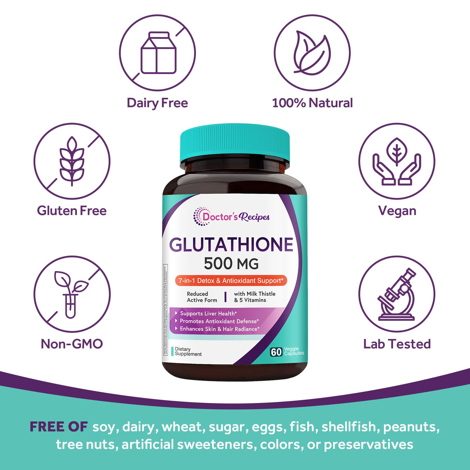 Doctor's Recipes Glutathione 500 mg, Active Reduced Form GSH, with Milk Thistle Extract, Vitamin C, B6, Liver & Immune Support Glutathione Supplement, 60 Vegan Capsules, Non GMO — Amazon image 5