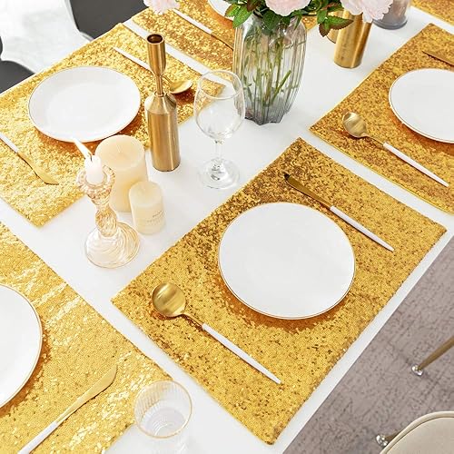 Miniatura 5 de Juego de 6 manteles individuales para mesa de comedor, resistentes al calor, manteles individuales antideslizantes con lentejuelas para mesa de