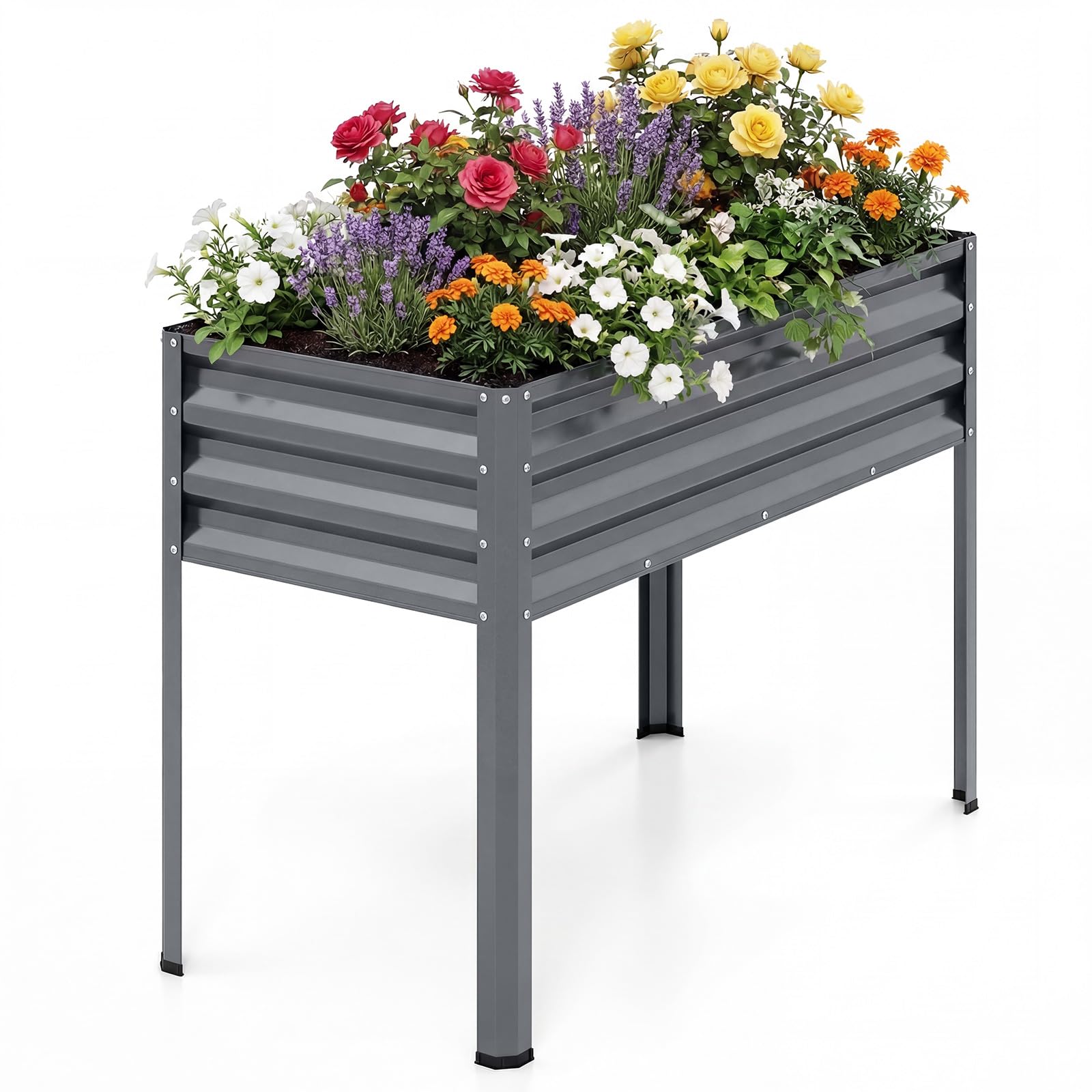 HOMASIS Jardiniere sur Pieds en Métal 142L, Potager Surélevé avec Trou de Drainage, Patins Antidérapants&Barres Renforcées, Table de Culture pour Légumes&Fleurs, Jardin&Balcon, 112x55x152cm (Gris)
