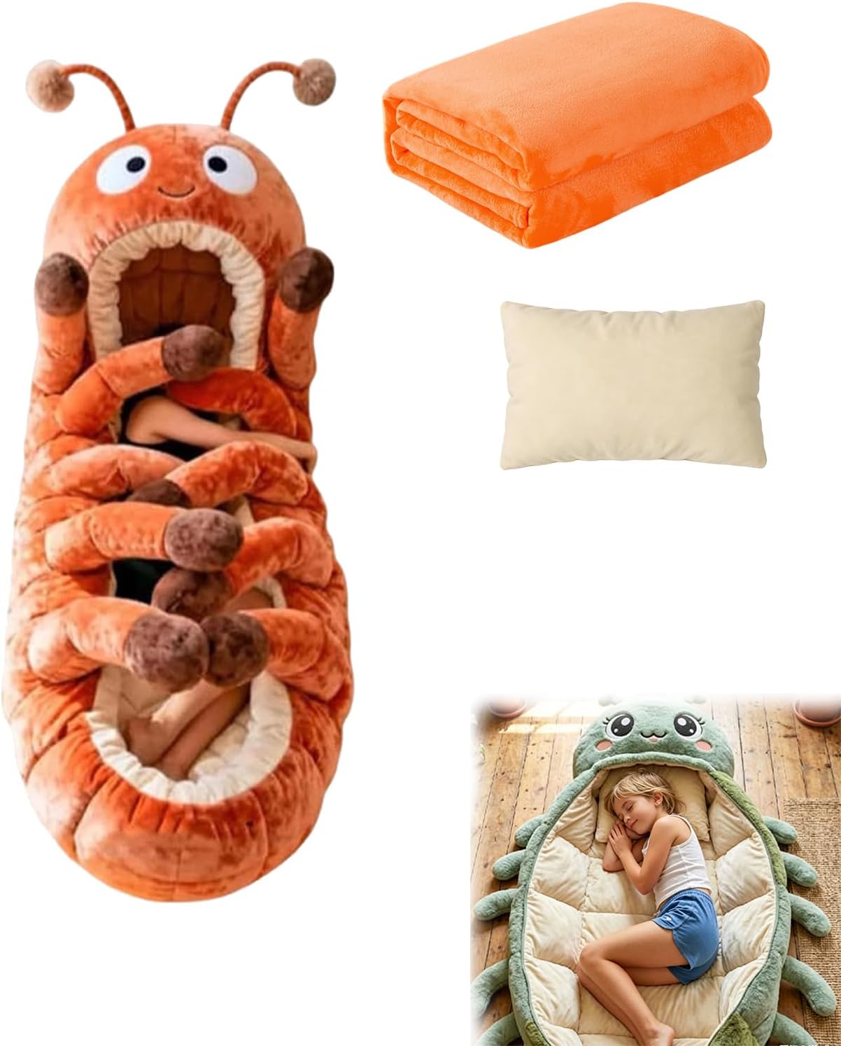 Hugging Caterpillar Sleeping Bags, Adult Sleep Sack, Animal Shaped Sleeping Bag for Adults and Kids, Indoor Nap Pod with Sleeping Pillow and Blanket
