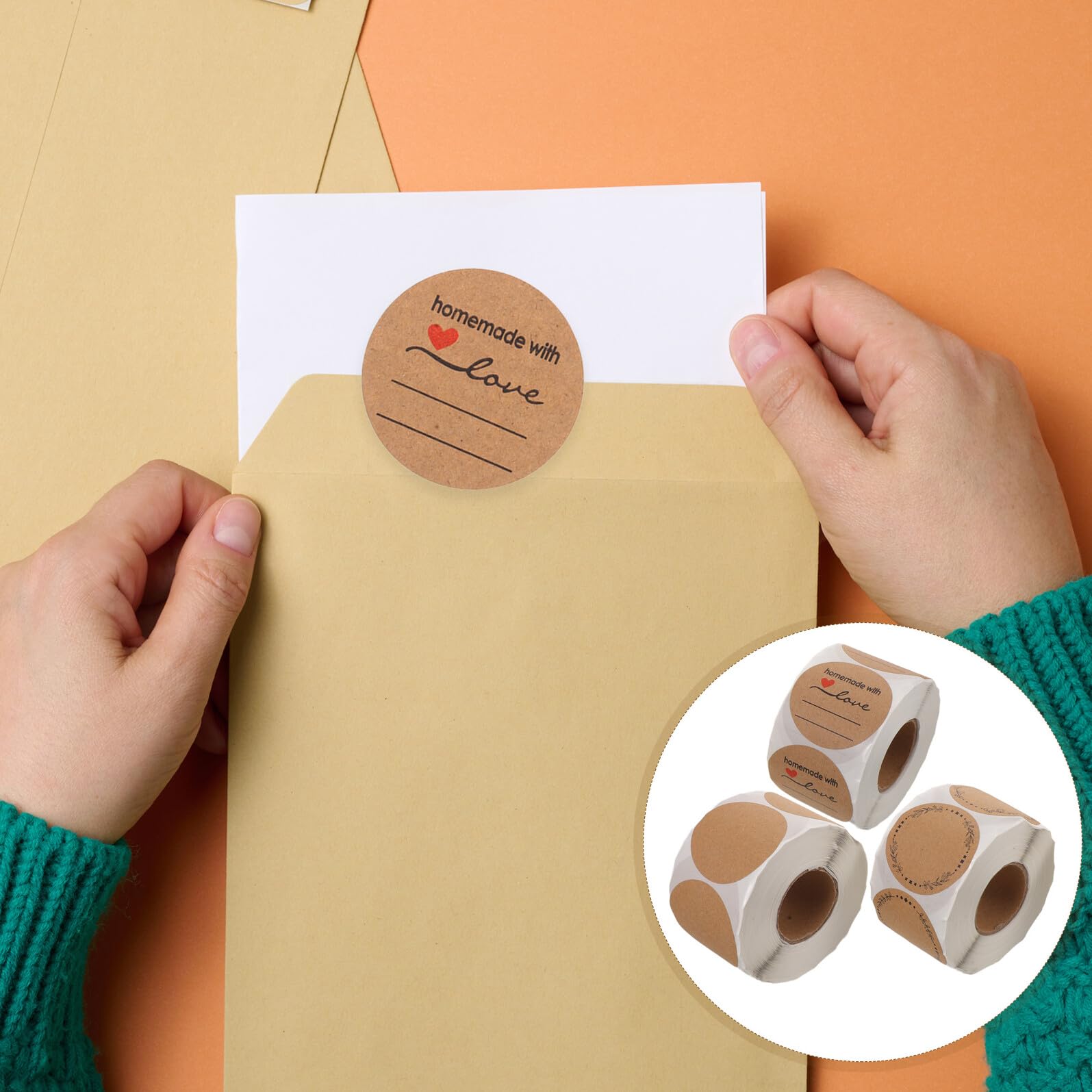 Etichette Adesive Rotonde da Sigillo 3 Pezzi in Carta Kraft | Formato a Rotolo, Superficie Scrivibile, per Imballaggio e Confezioni Alimentari, Colore Khaki